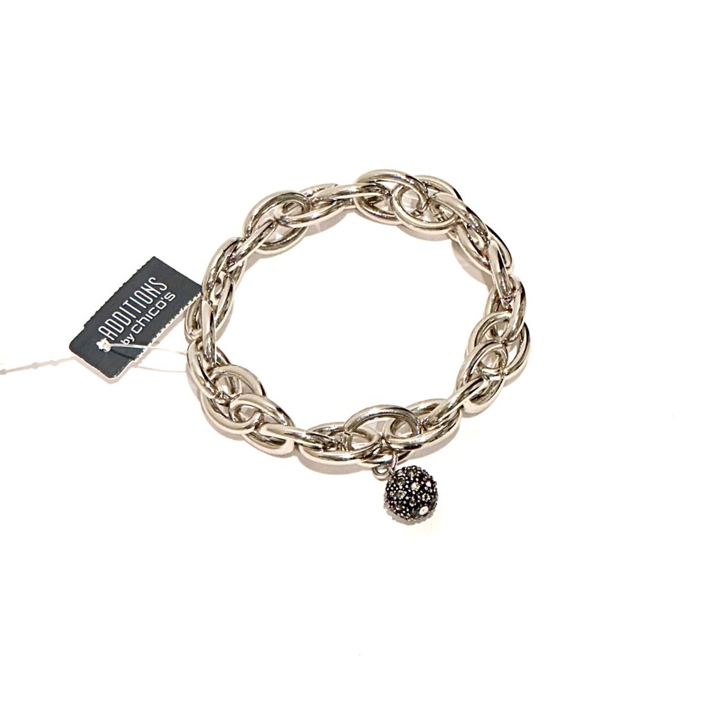 CHICO’s | Silver Large Round Link Bracelet with Pave Ball Charm | NWT | Classic - Picture 8 of 8